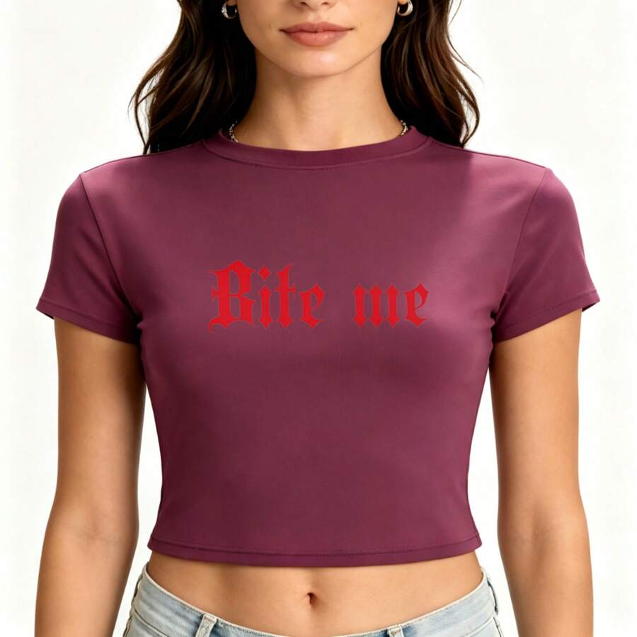 Letter-Printed Short Round-Neck Sexy Top Casual Sports Short-Sleeve Cropped Top - 紫羅蘭色 - 查看 1