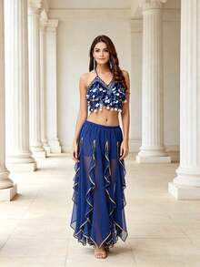 Professional Belly Dance Sequin Coin Fringe Halter Crop Top, Elastic Waist Side Slit Layered Chiffon Skirt For Dance Training, Stage Shows And Competitions - Multicolor - View 20