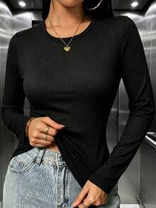 Versatile Wardrobe Essential, High Elasticity, Women's Casual Long Sleeve Slim Fit T-Shirt, Suitable For Daily Wear, Autumn/Winter Outfit, Autumn/Winter Clothing - Black - View 2