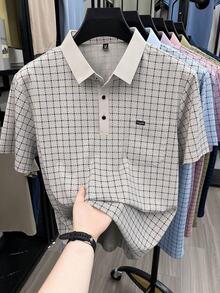 Pro Man Wardrobe Business Kleinkariertes Poloshirt mit Tasche Kurzarm Pendler Bürokleidung - Aprikosenfarben - Übersicht 4