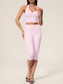 TimeOff Setelan Olahraga Wanita Satu Set Warna Polos, Atasan Tank Top Halter V-Neck Pendek & Celana Panjang Sedang Pinggang Tinggi - Berwarna merah muda - View 7