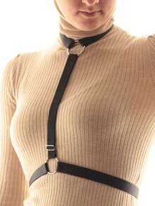 1pc Women's Gothic Punk Style Choker Body Harness With Metal Rings, Adjustable Chest & Waist Straps, Layered Outfit Accessory - Black - View 2