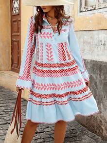 Women's Bohemian Style A-Line Short Shirt Dress, Collar Long Sleeve, Button Front, Ruffle Hem - Multicolor - View 4