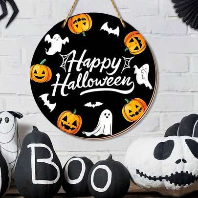 1件圓形木製「Happy Halloween」壁掛裝飾，附南瓜、幽靈與蝙蝠圖案，適用於客廳、臥室、浴室，以及派對裝飾與室內/室外萬聖節佈置