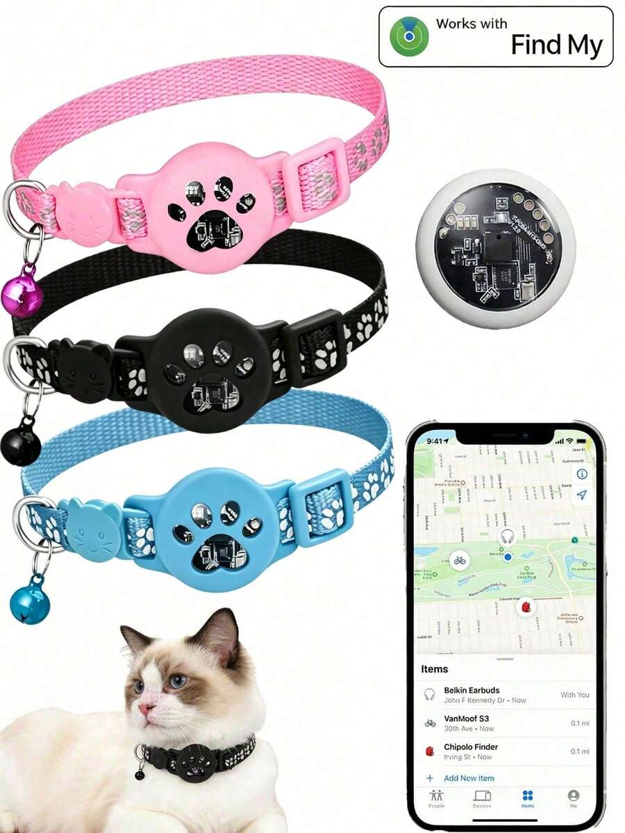 寵物貓防丟定位項圈套組，包含項圈 + 定位器 + 保護殼。不適用於 Android 系統。一鍵追蹤，發光保護殼，超長電池續航力。可用於定位錢包、行李