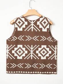 Acelitt Rompi Rajut Kasual Tanpa Lengan Kancing Depan Terbuka Motif Geometris Jacquard Dasar Cokelat untuk Wanita - MultiWarna - View 4