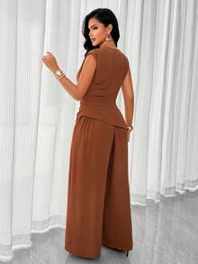 Elegant Women's Deep V Neck Ruched Bust Two Pieces Jumpsuit, Zipper Detail, Non-Stretch For Fall - Reddish Brown - View 2