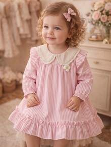 Baby Girl Cute Floral & Striped Print Long Sleeve Dress, Spring/Autumn - Pink - View 1