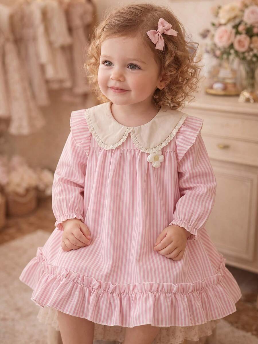 Baby Girl Cute Floral & Striped Print Long Sleeve Dress, Spring/Autumn - Pink - View 1