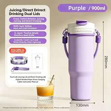1 pièce Mixeur électrique + Gobelet isotherme, corps en acier inoxydable 304 de 900 ml, design portable à double couvercle, lame en acier inoxydable à 12 lames pour broyer la glace, recharge sans fil Type-C, poignée portable pour le fitness en plein air, le camping, le jus à emporter, tasse de café isotherme, tasse isotherme pour voiture, cadeau de fête, essentiel de cuisine, essentiel de fête - 0,5 L à 1 L - Voir 12