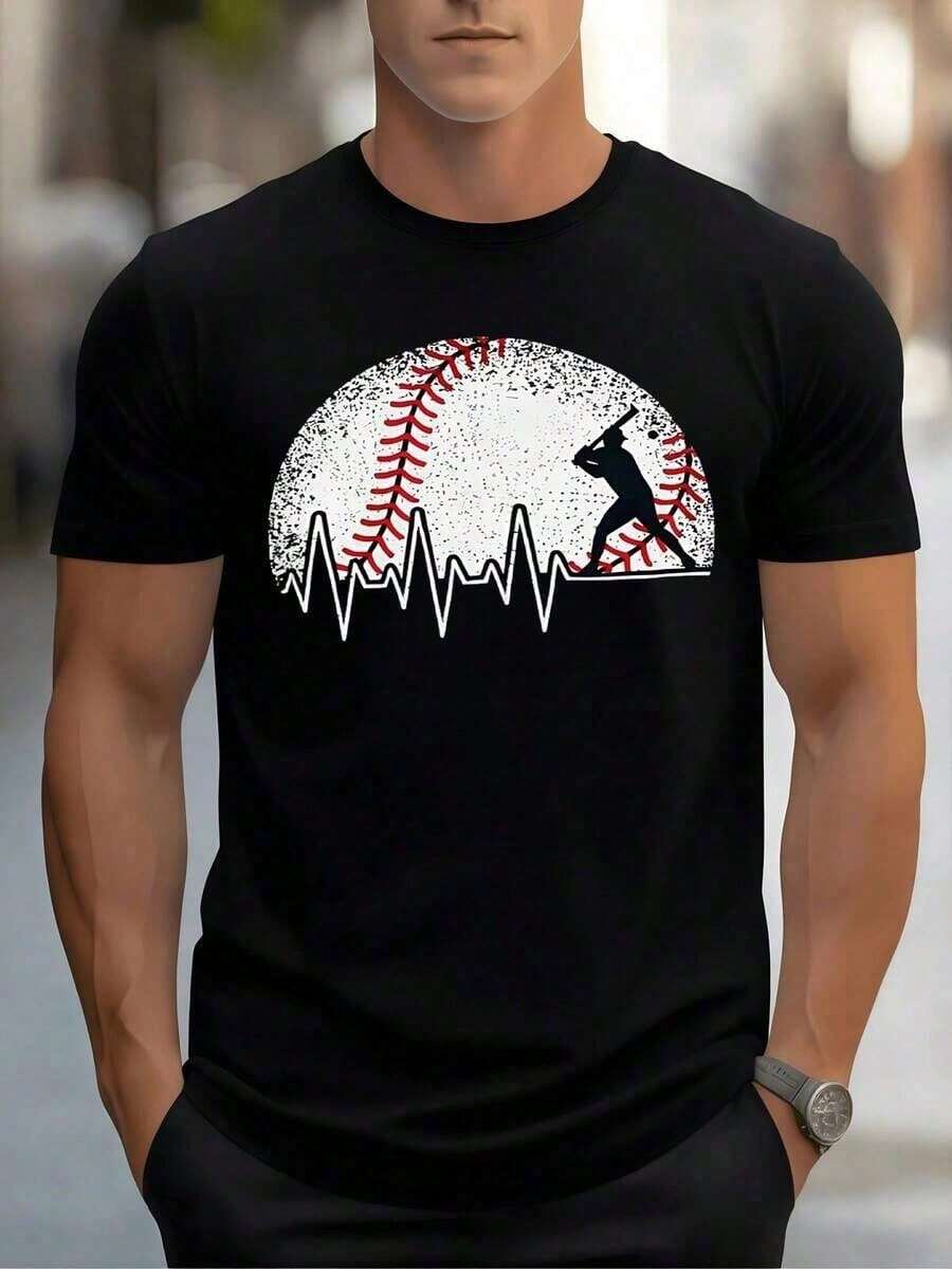 Representa la pasión por el béisbol uniendo la fuerza del jugador con el latido del corazón sobre una esfera que simboliza la energía y la constancia de quien vive por este deporte camiseta de hombre talla grande 100% algodón ABD8 - Negro - Ver 1