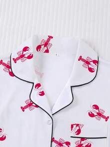 Set Piyama Wanita 2 Potong, Motif Lobster, Pakaian Santai Wanita, Pakaian Liburan Musim Semi/Panas, Atasan Lengan Pendek dan Celana Pendek - Putih - View 4