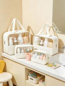 3Pcs PVC Travel Cosmetic Bag Set, Large Capacity Portable Toiletry & Makeup Brush Storage Pouch, Vacation Travel Essential Organizer Case, Storage Bag For Storage Room Storage & Beauty Supplies Neat Organization - White - View 1