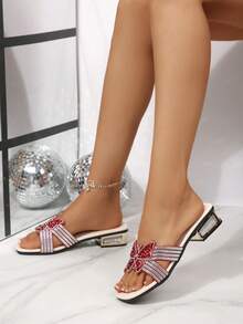 Encantadoras sandalias de tacón alto con tiras cruzadas de cristal rojo para mujer, adecuadas para salidas nocturnas de verano, discoteca, boda, fiesta, vacaciones - Rojo - Ver 3