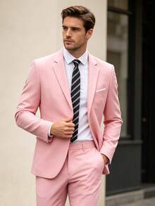 Men's Suit Jacket, Men's Double-Button Elegant Solid Color Slim Fit Single-Breasted Party Suit Formal Business Blazer - Pink - View 4
