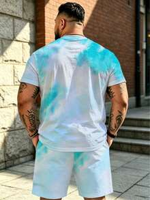 2pcs Plus Size Men's Vacation Style Tie-Dye Short Sleeve Set | Light Blue Tie Dye Tie-Dye + Palm Tree Print, BIG&TALL Loose Set Sports Summer - Blue - View 2