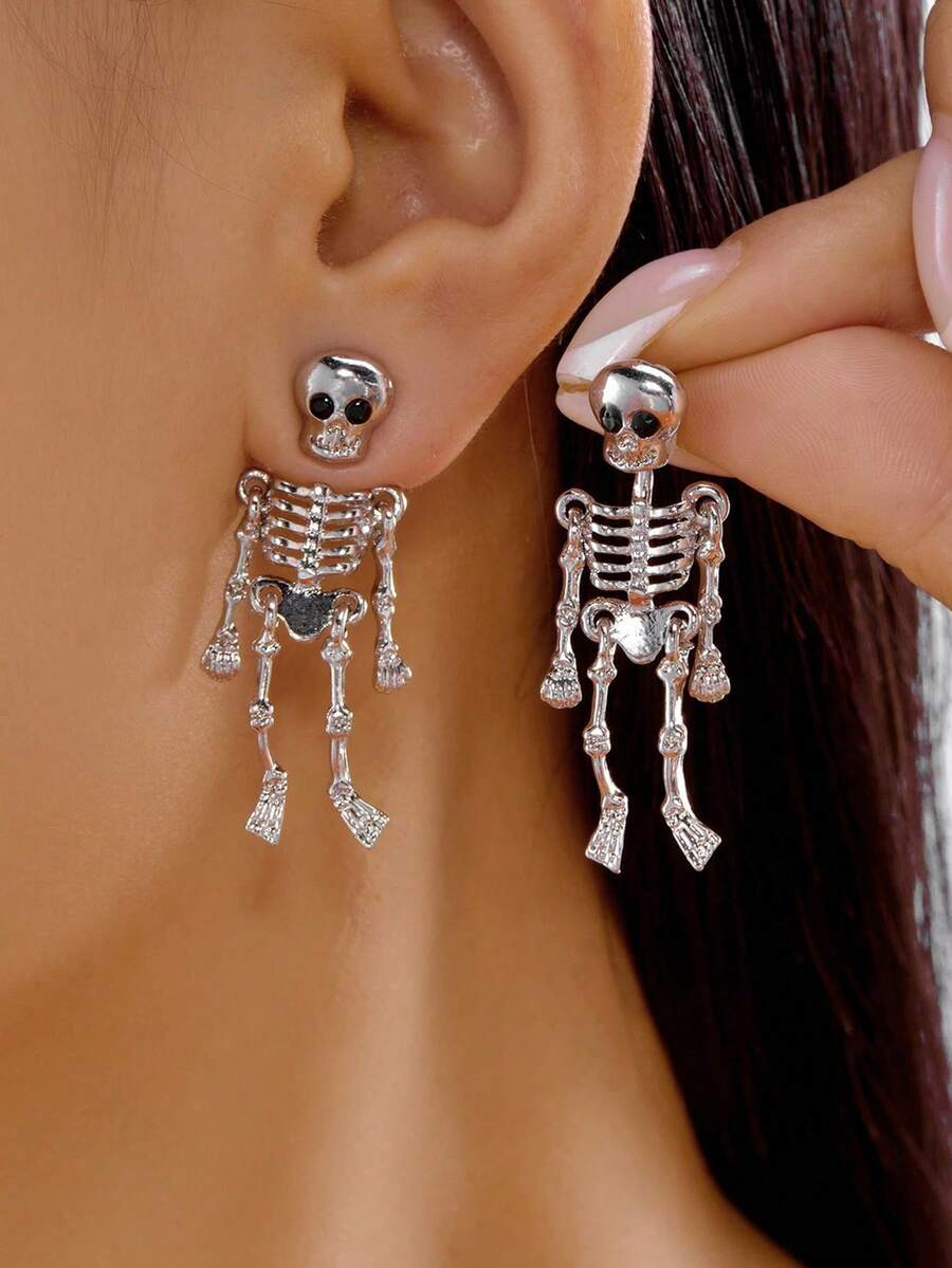 1 Pasang Anting Tengkorak Berlebihan, Hadiah Halloween, Anting Rumbai Kepala Tengkorak Panjang yang Kreatif dan Lucu - Perak - View 1