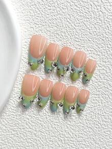 10件甜酷風手工穿戴甲，Polygel美甲套組，綠色與藍色指甲油，柔和法式風，含美甲工具，3種尺寸可選，杏仁、鴨嘴、棺材形，適合派對、跳舞、日常配戴 - 彩色 - 查看 19
