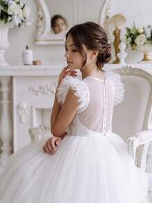 Tween Girl White Round Neck Cap Sleeve Tulle Princess Dress, Suitable For Children's Birthday Party, Flower Girl, Wedding, Prom, Important Occasions, Holiday Celebration - White - View 6
