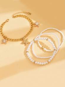 4pcs/Set Starfish Pendant Seed Bead Anklet Simple Faux Pearl Beaded Multi-Layer Foot Jewelry - White - View 3
