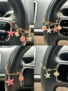 1pc Gold Single & Double Layer Ornament Chain, Heart Butterfly Starfish Shell Crystal Car Steering Wheel Hanging Pendant Elegant Metal Car Interior Accessories - A - View 1