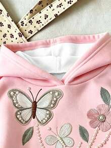Young Girl Butterfly Pattern Warm Hooded Sweatshirt - Pink - View 6
