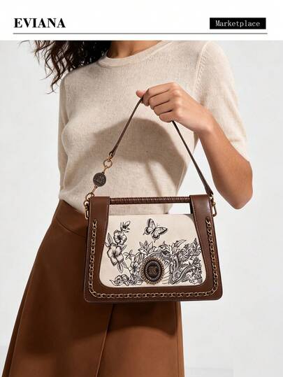 Vintage Embroidered Fashion Colorblock Small Square Bag For Women, Luxury Elegant Chain Shoulder Underarm Bag, High-End Elegant Sophisticated Structured Bag, Large Capacity Commuter Versatile Shoulder Crossbody Bag, Mature Style Mom Bag
