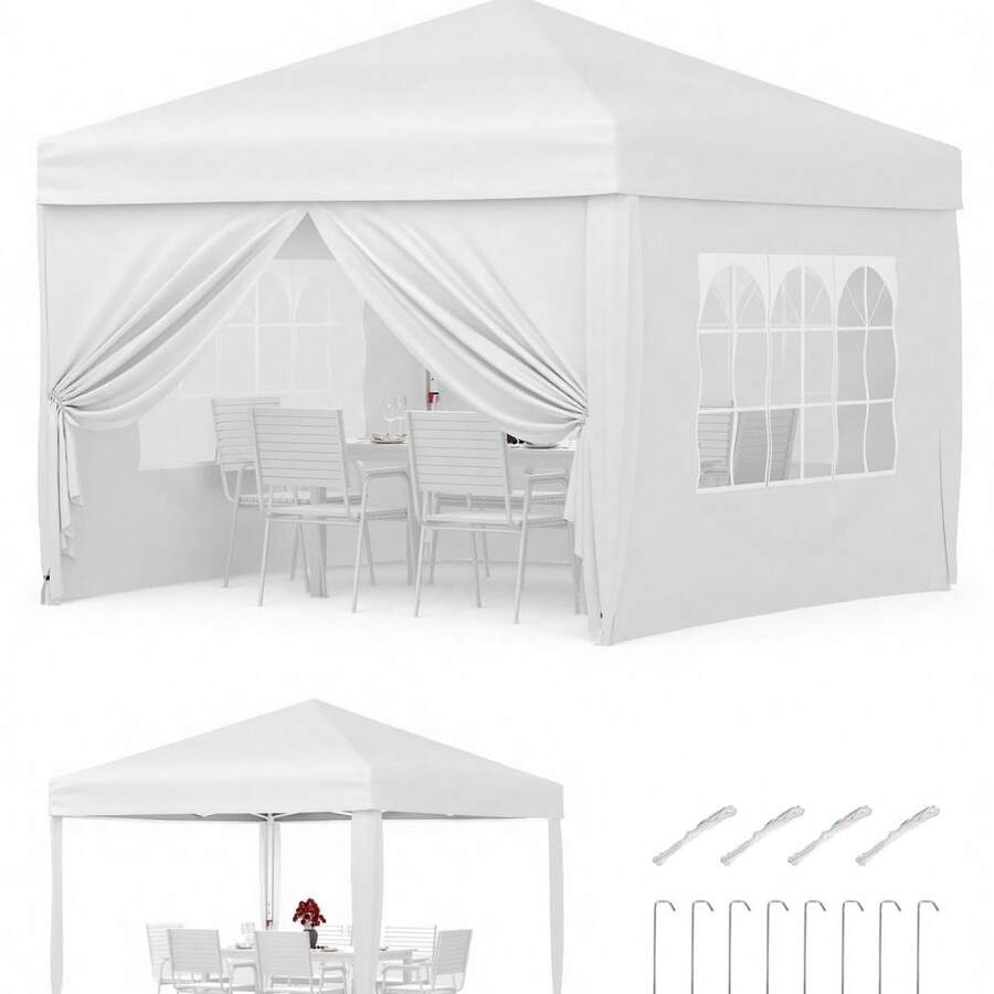 Pavillon 3x3m Pop-Up-Faltpavillon Wasserdicht UPF50+ UV-Schutz Gartenpavillon mit abnehmbaren Seitenwänden & Fenstern Stabiler Stahlrahmen Schneller Aufbau Mit Tragetasche für Garten & Camping - Weiß - Übersicht 1