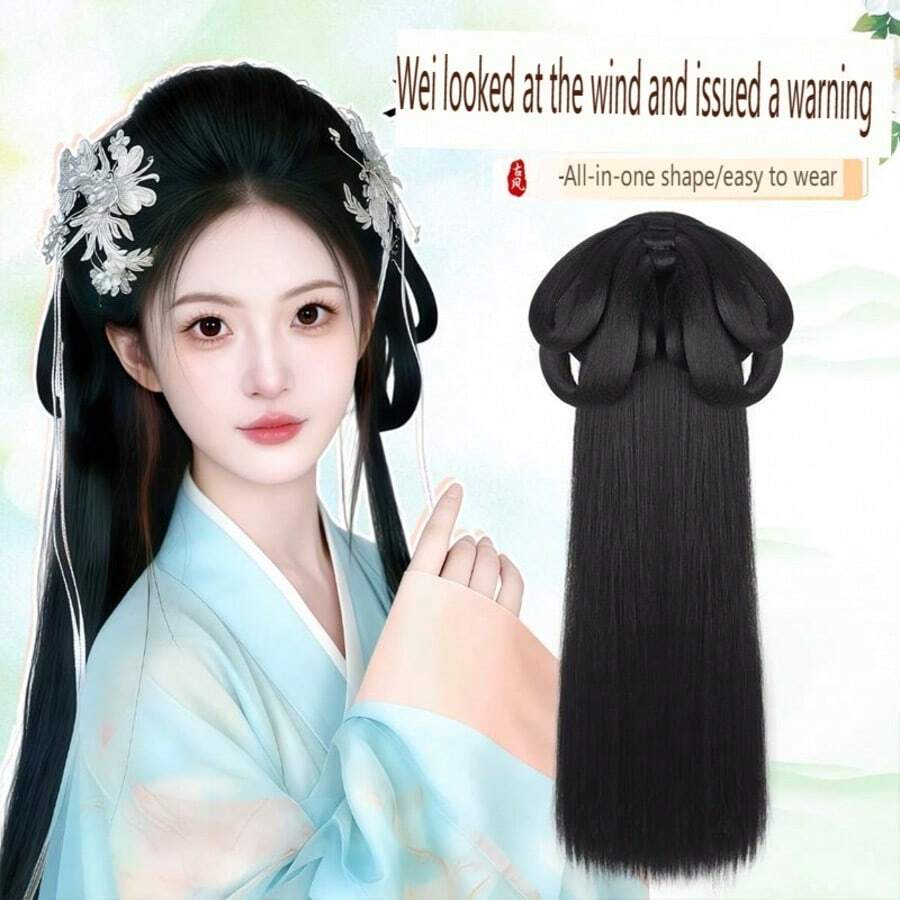 Ancient Style Hanfu Wig With Integrated Full Set Hair Accessories, Warring States Period Costume, Wei Style Wig Bun Hairpiece With Hair Padding - Multicolor - View 1