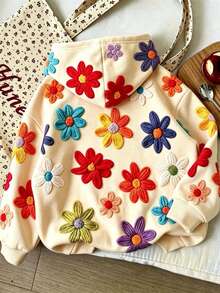 Young Girl Floral Pattern Warm Hooded Sweatshirt - Apricot - View 2