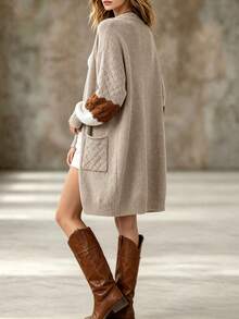 Áo cardigan len nữ dáng rộng thoải mái, mềm mại, phong cách lười, tay lồng đèn vai trễ, họa tiết sọc sóng phối màu, mở trước, độ dài vừa, mặc thường ngày mùa thu/đông - Màu Khaki - Xem 3