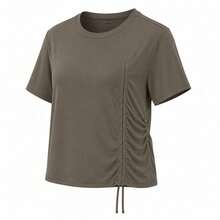 Li-Ning Women's Adjustable Drawstring Side Ruched Elastic Quick-Dry Breathable Cropped Short Sleeve Fitness T-Shirt ATSV900 - Palm Brown - View 2