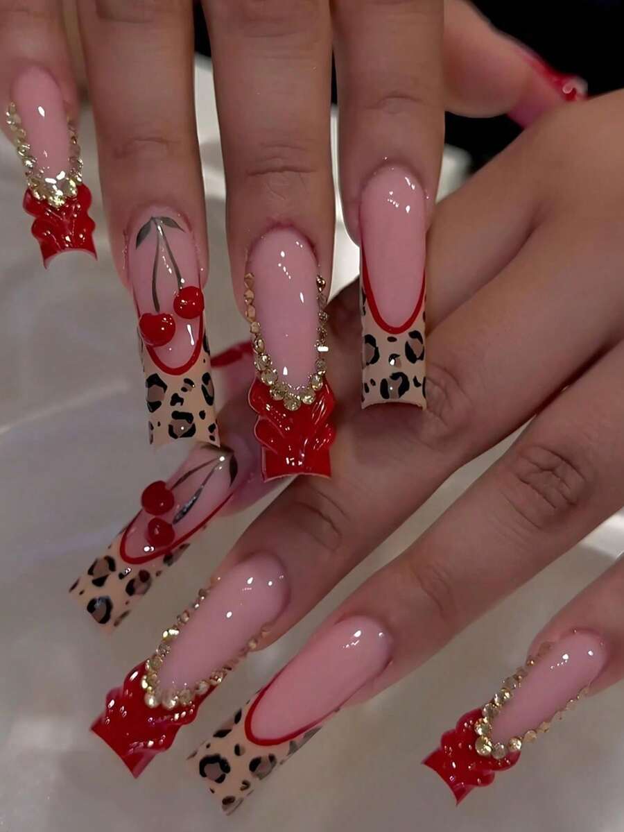 12pcs French Style Nail Stickers, Rectangular, 3D Line Art, Leopard Print Decor, Red Bow And Rhinestone Design, Smooth Surface, Full Coverage Fake Nails, Suitable For Women And Girls Daily Wear - Multicolor - View 1