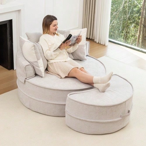 Round Sofa With 5 Cushions And Ottoman For Living Room And Bedroom - 灰色 - 查看 1