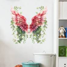 Bohemian Floral Green Plant Pink Angel Wings Wall Sticker, Vintage Watercolor Feather Vine Wall Sticker, Self-Adhesive Art Wallpaper Suitable For Bedroom/Living Room/Door/Sofa Background/Living Room Background Photo Booth Decoration, Christmas/Holiday Party Atmosphere Decor - Wall Sticker - View 5