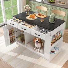 Kitchen Island With 3 Drawers, Adjustable Shelf, Pet-Friendly Area - White (120x60x90cm) - White - View 4