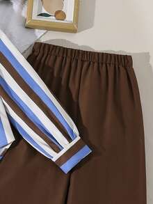 Left Mama Tween Girl Casual Wide Striped Back Slit Shirt & Straight Leg Pants Set, Spring/Autumn - Brown - View 7