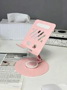 360° Rotatable Metal Tablet & Phone Stand, Adjustable Foldable Desktop Base With Hollow Heat Dissipation Vents And Anti-Slip Silicone Pads, Portable Phone & Tablet Holder For Desk, Home Office - Pink - View 5