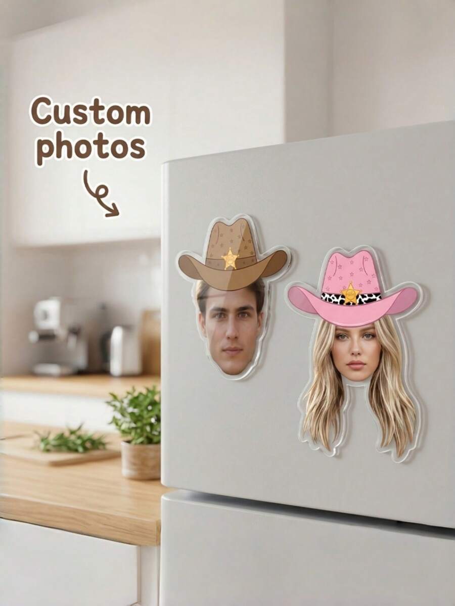 Personalized Photo Cowboy Hat Magnet - Custom Face Photo Refrigerator Magnet, Suitable For Kitchen, Western Cowboy Woman Hat Hollow Decoration, Can Put Your Own Photo, Home Wall Portrait Magnet, Valentine's Day Gift, Photo Display - Multicolor - View 1