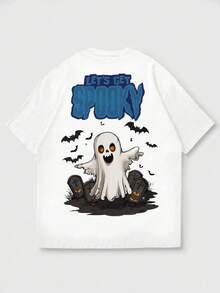 Cute Halloween Ghost Short Sleeve! Graveyard Bat Cartoon Print White Boys Casual Versatile T-Shirt - White - View 4