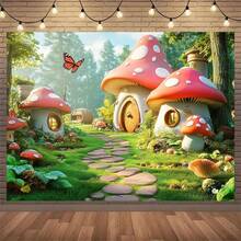 Magic Forest Fairy Tale Mushroom House Photography Backdrop, Multi-Functional Polyester Party Banner Suitable For All Seasons, Perfect For Garden And Room Decoration, No Electricity Required - Multicolor - View 4