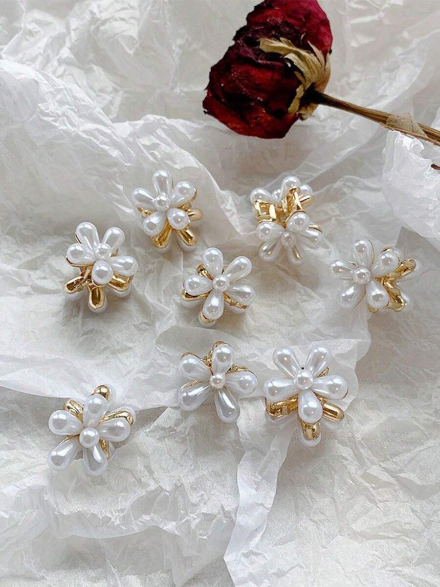 8pcs Exquisite Pearl Mini Flower Hair Clips, High-End Alloy Five-Petal Flower Tassel Hair Clips, Elegant Decorative Hair Accessories, Faux Pearl Daisy Tassel Hair Clips. Suitable For Daily Wear, Banquets, Gatherings, Dates, Parties, Photography, Travel, Weddings And Other Occasions. Adds A Vintage And Gentle Elegant, Small And Cute Hair Accessory Items. - White - View 1