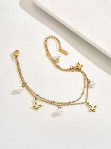 1pc Exquisite Double Layer Butterfly Pearl Anklet, Minimalist Fashionable Luxury Versatile Commute, Elegant Romantic Charm For Ankle - Anklet - View 3