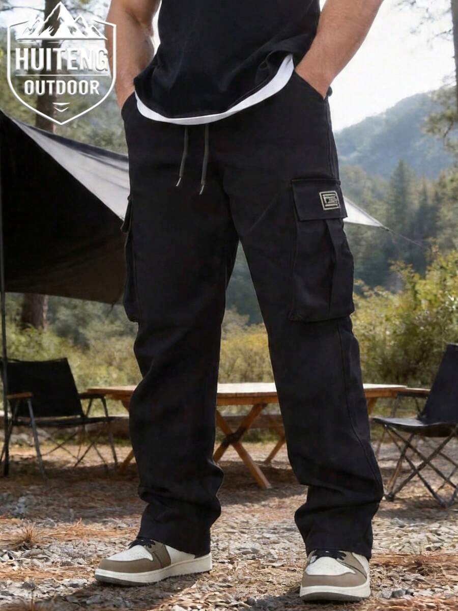 男士戶外運動工裝登山褲,寬鬆版型,多口袋設計,適合登山徒步、露營與日常穿著 - 黑色 - 查看 1