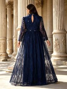 Plus Size Fall Elegant Long Sleeve Leaf Lace Beaded A‑Line Maxi Dress, Winter Mock Neck Formal Evening Gown For Party Wedding Going Out - Royal Blue - View 3