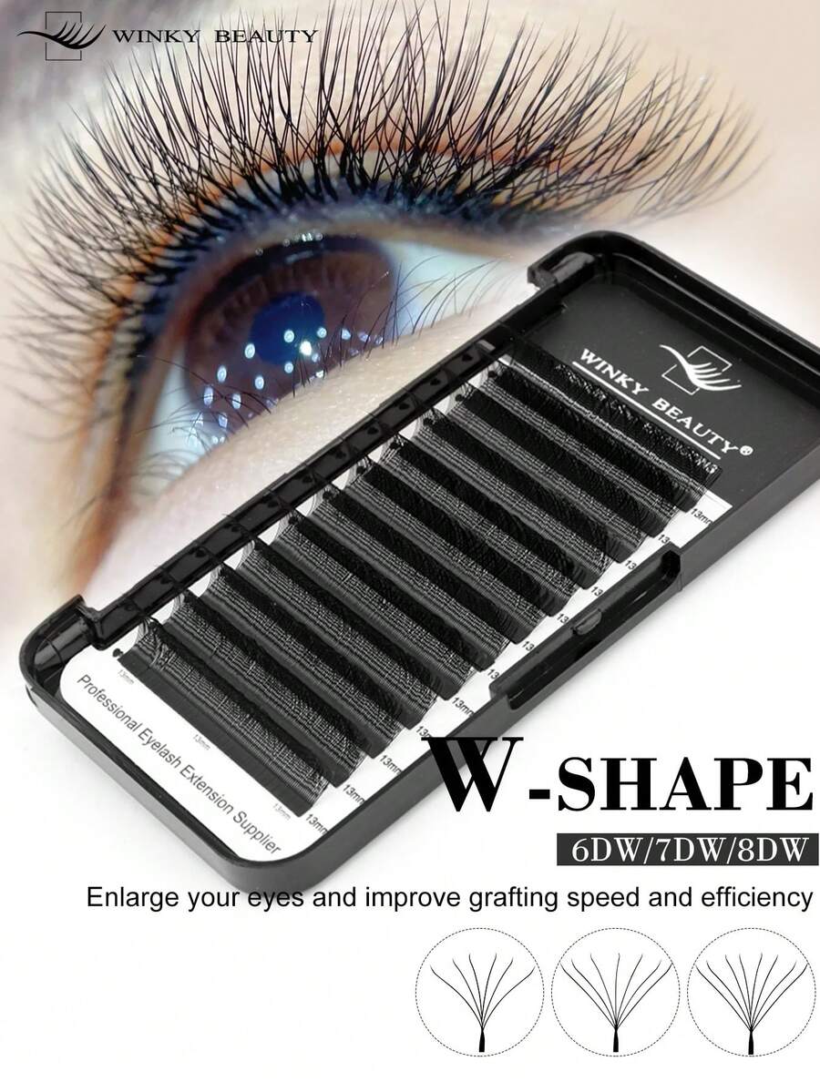 Winky Beauty Ekstensi Bulu Mata Berbentuk W 12 Baris, Panjang Campuran 6DW/7DW/8DW 8-15mm, Gugusan Bulu Mata Alami Lembut 0,07mm, Bulu Mata Individual Tenun Tangan, Bulu Mata Palsu