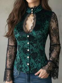 Women's Autumn Velvet Lace Top, Long Ruffle Sleeve Stand Collar Blouse, Semi-Transparent Details, High Elastic Knit Fabric Fall - Green - View 1