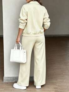 Women's Spring/Autumn Fashion Casual Solid Color Lapel Long Sleeve Top & Solid Color Long Pants 2-Piece Set - Apricot - View 2