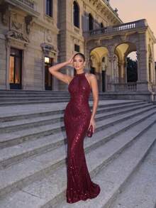 Sequin Glamorous Halter Neck Evening Gown Party - Burgundy - View 4