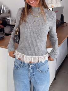 Women's Ribbed Contrast Lace Hem Knit Long Sleeve Top - Light Grey - View 5
